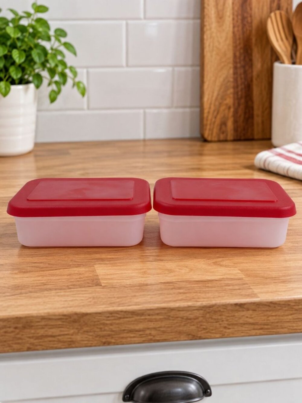 Set Of 2 IKEA Red & Clear Plastic Food Storage Containers Lids 24 Oz Capacity